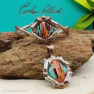 Carolyn Pollack 925 SS/Copper Turquoise Coral Inlaid 6.5-7" Cuff +2" Pendant 54g